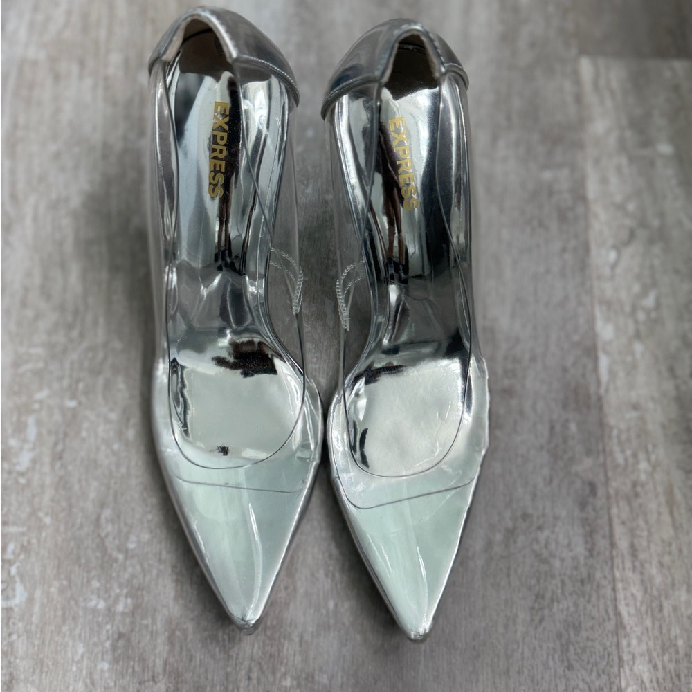 Brand new Express clear & silver pump, size 8.5
